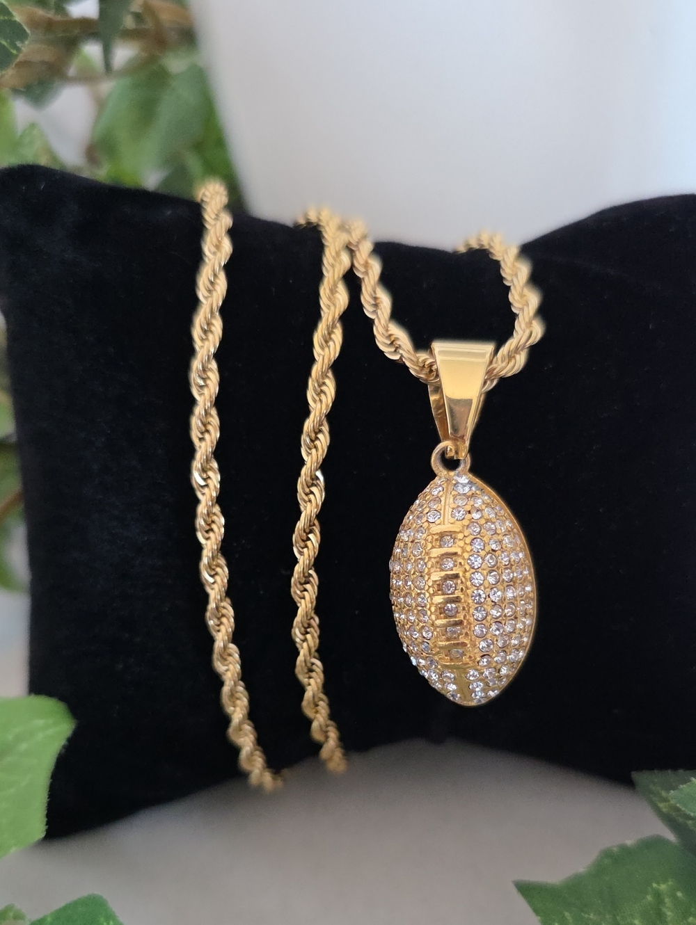 Gold Stainless Steel Pave CZ Football Pendant 20" Rope Chain Necklace